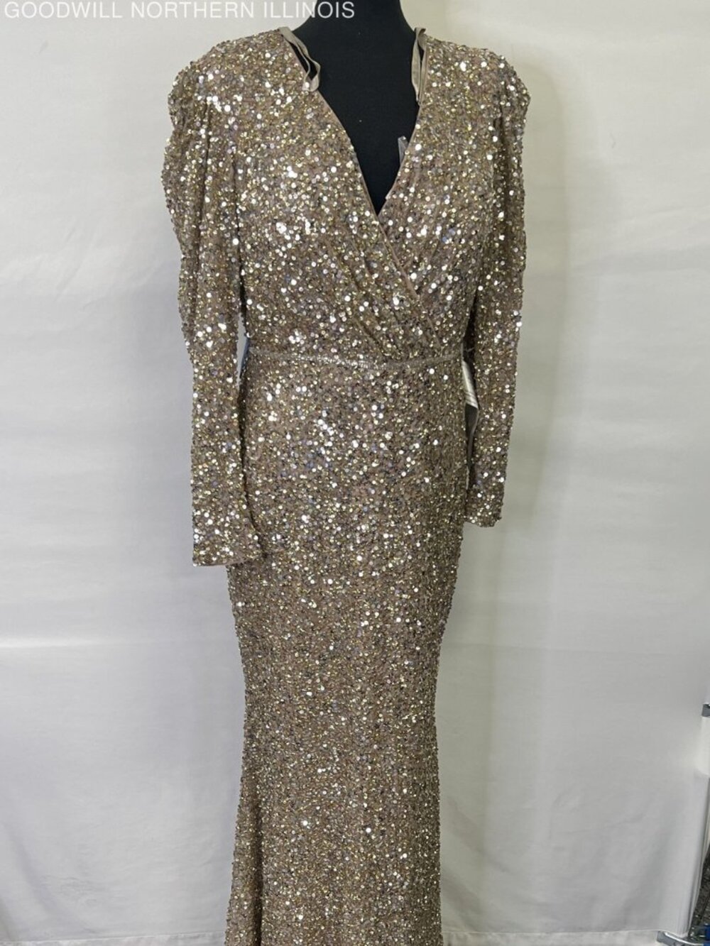 NWT~Mac Duggal Gold Sequin Puffer Sleeve Ball Gown Hollywood Glam Dress~ Size 12